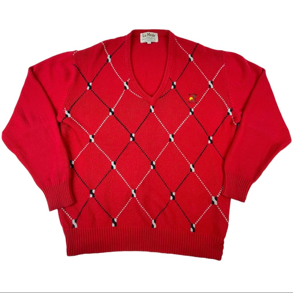 Vintage La Mode Knit Argyle Golf Sweater V Neck Long Sleeve Mens Size Large
